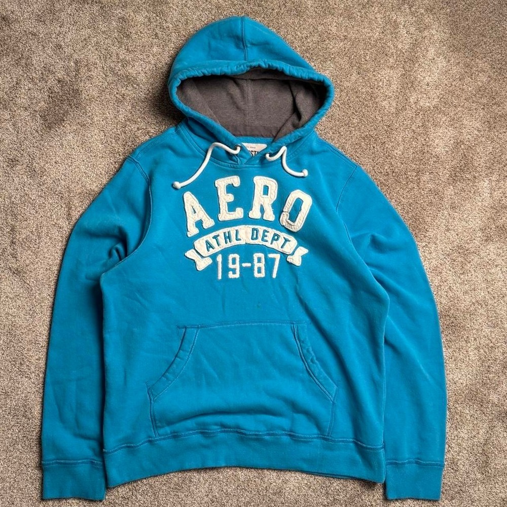 BRIGHT BLUE AEROPOSTALE PATCHWORK PULLOVER HOODIE